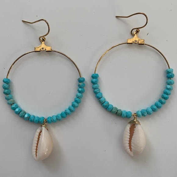 Gold, Turquoise and Shell Hoop Earrings - Picture 2 of 4